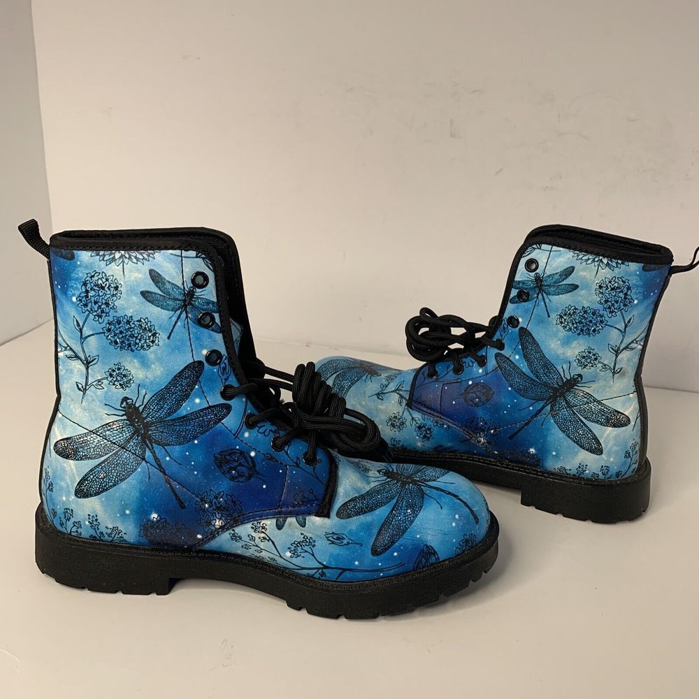 Dragonfly Tie Dye Combat‎ Boots Blue Women's Sz 8 Men's 6 New
